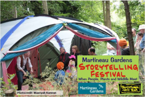 Storytelling in a wooded glade at Martineau Gardens