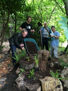 Stewart Holmes (L) with garden volunteers putting the finishing touches to a newly landcsaped area